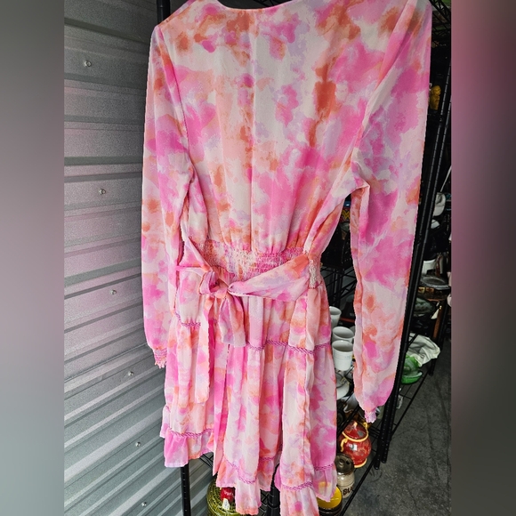 Japna Pink Tie Dye Watercolor Long Sleeve Boho Ruffle Babydoll Dress - Picture 5 of 6